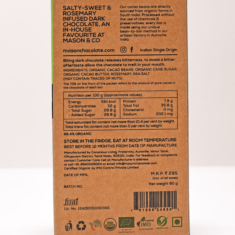 70% Rosemary & Sea Salt Dark Vegan Chocolate Bar - (Set of 3)