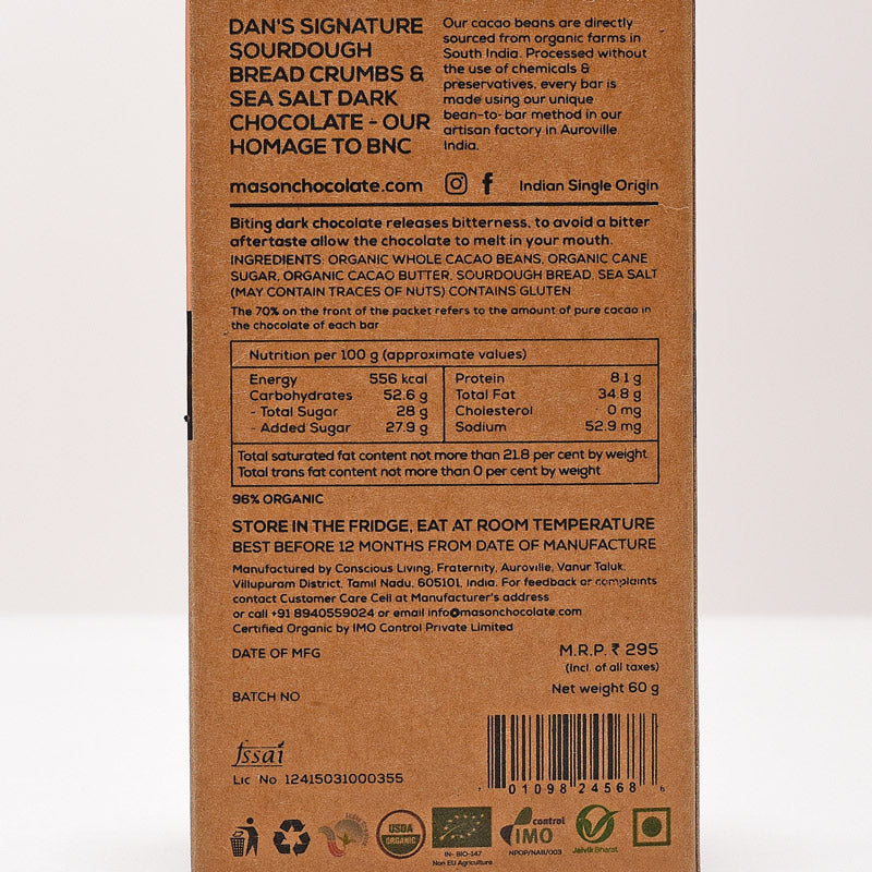 70% Sourdough & Sea Salt Dark Vegan Chocolate Bar - (Set of 3)
