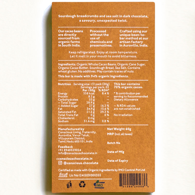 70% Sourdough & Sea Salt Dark Vegan Chocolate Bar - (Set of 3)