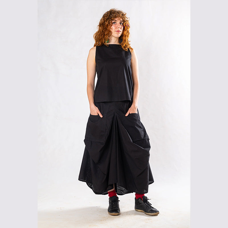 Set of 2: Black Linen Top & Pocket Skirt