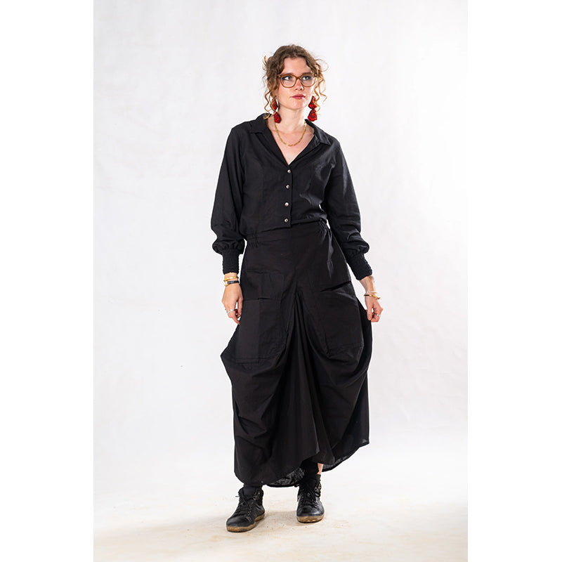 Set of 2: Black Linen Poet Shirt & Pocket Skirt