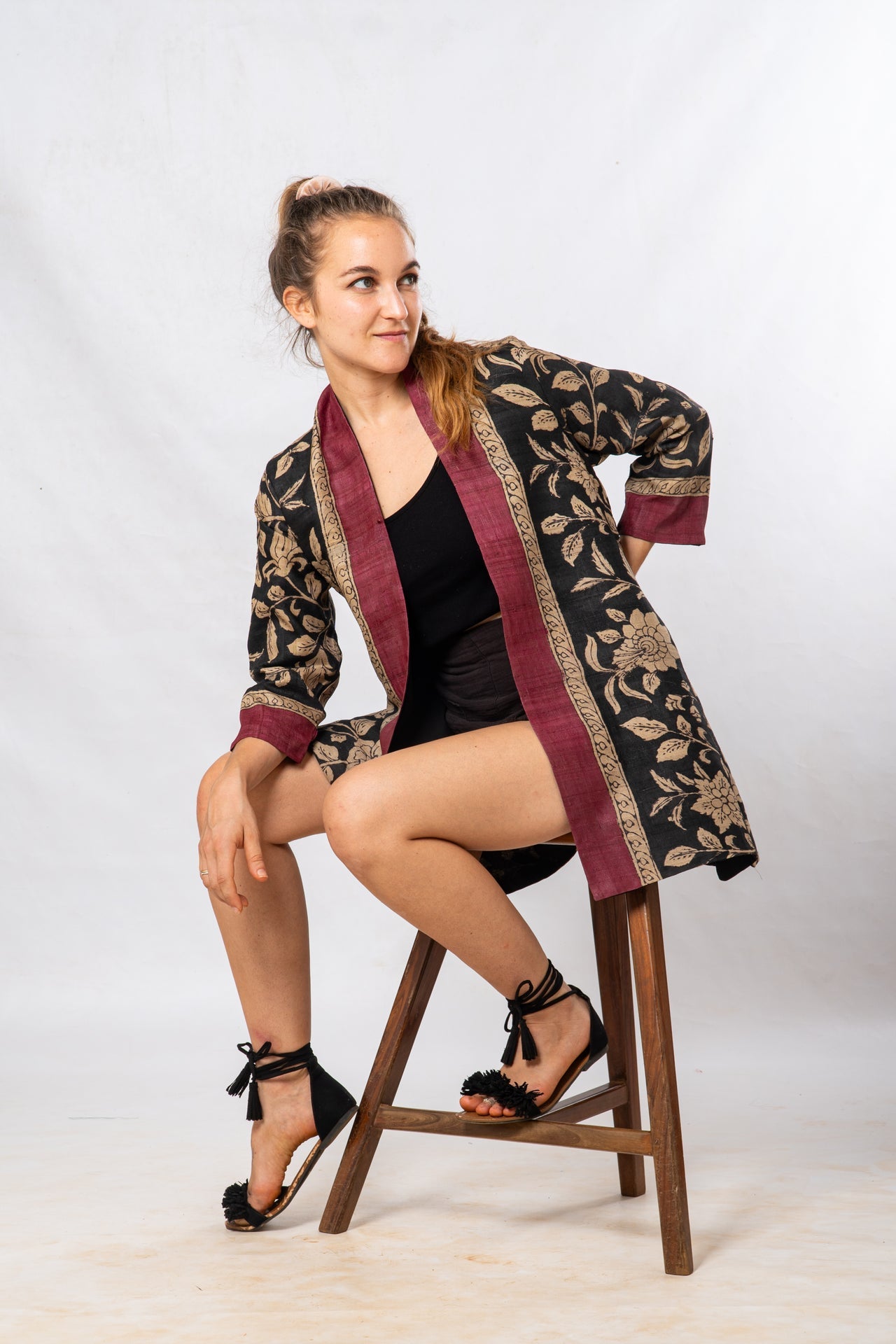 Black Floral Hand Painted Kalamkari Tussar Silk Short Jacket