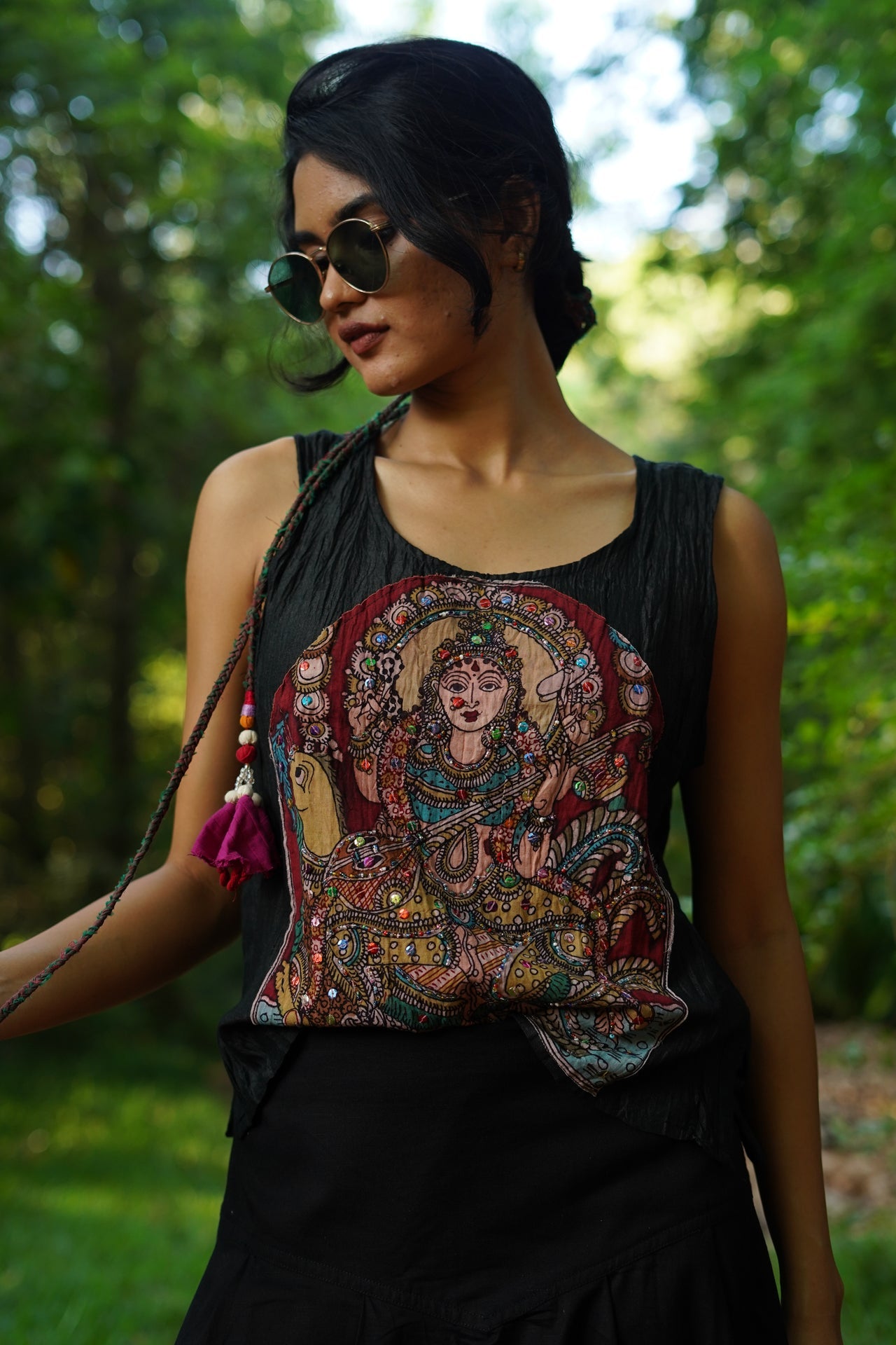 Set of 2- Black Kalamkari Embellished Top & Cargo Pocket Pants