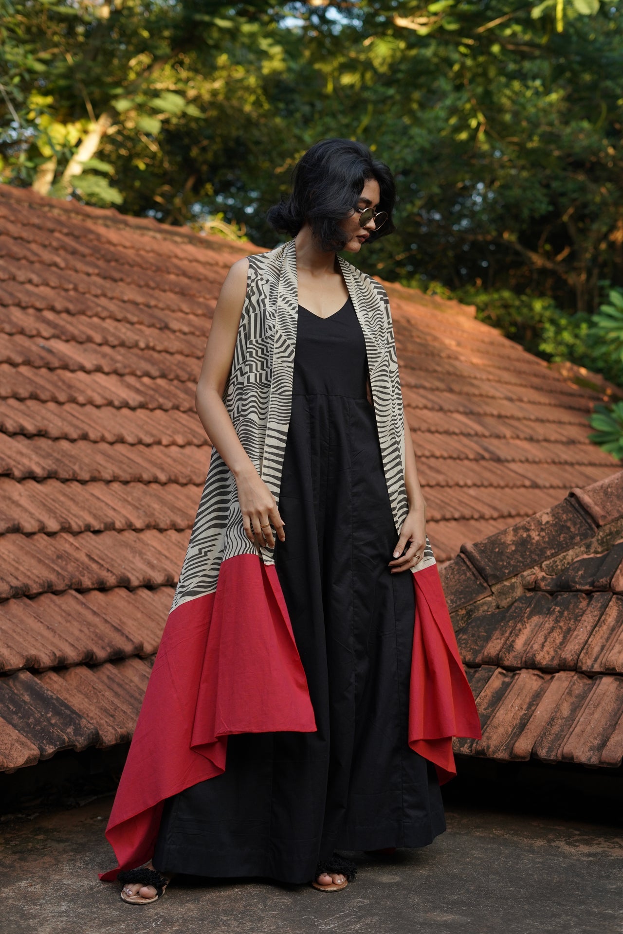 Set of 2- Black Linen wide leg Jumpsuit with Printed flowy overlay