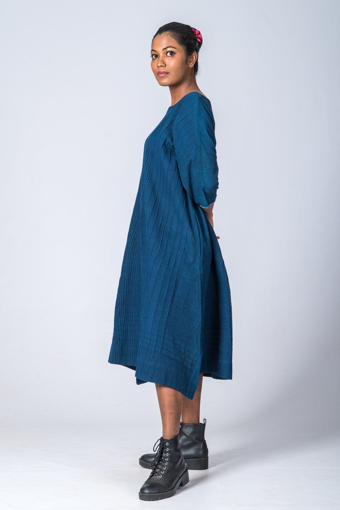 Natural Indigo Cotton Pintuck dress - KARL - Upasana Design Studio