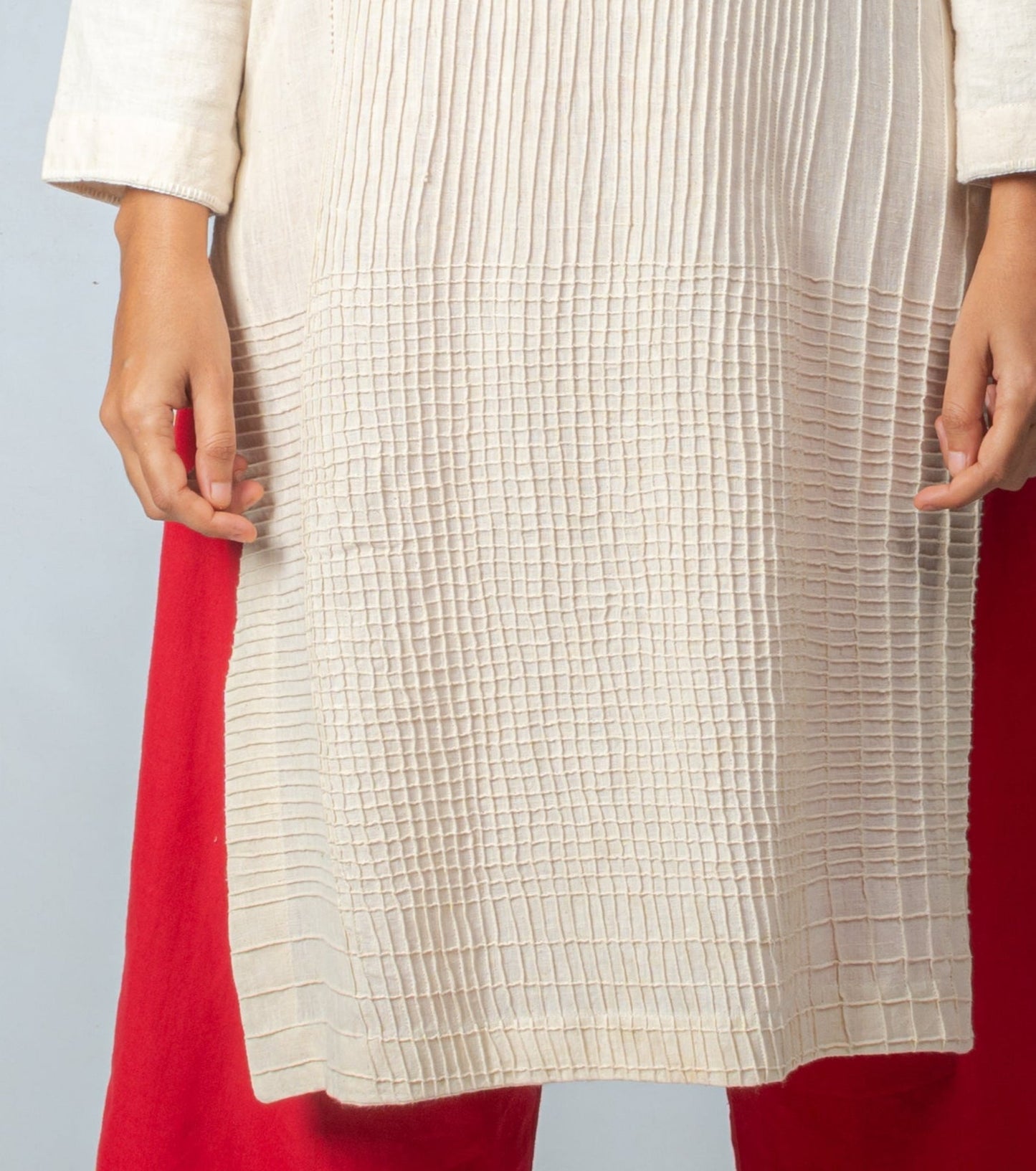 Set of 2- Natural Khadi Pintuck Kurta & Red Trousers