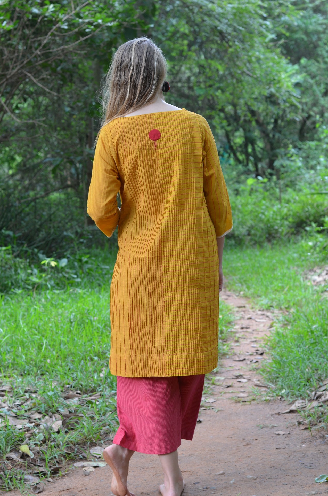 Set of 2- Mustard Pintuck placement handloom striper Dress & Pants