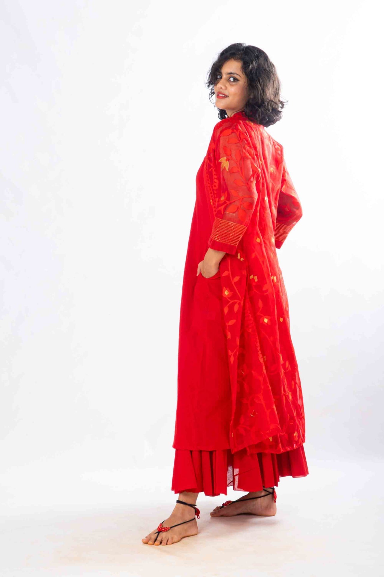 Set of 2- Devashree Red Jamdani Jacket & Dress