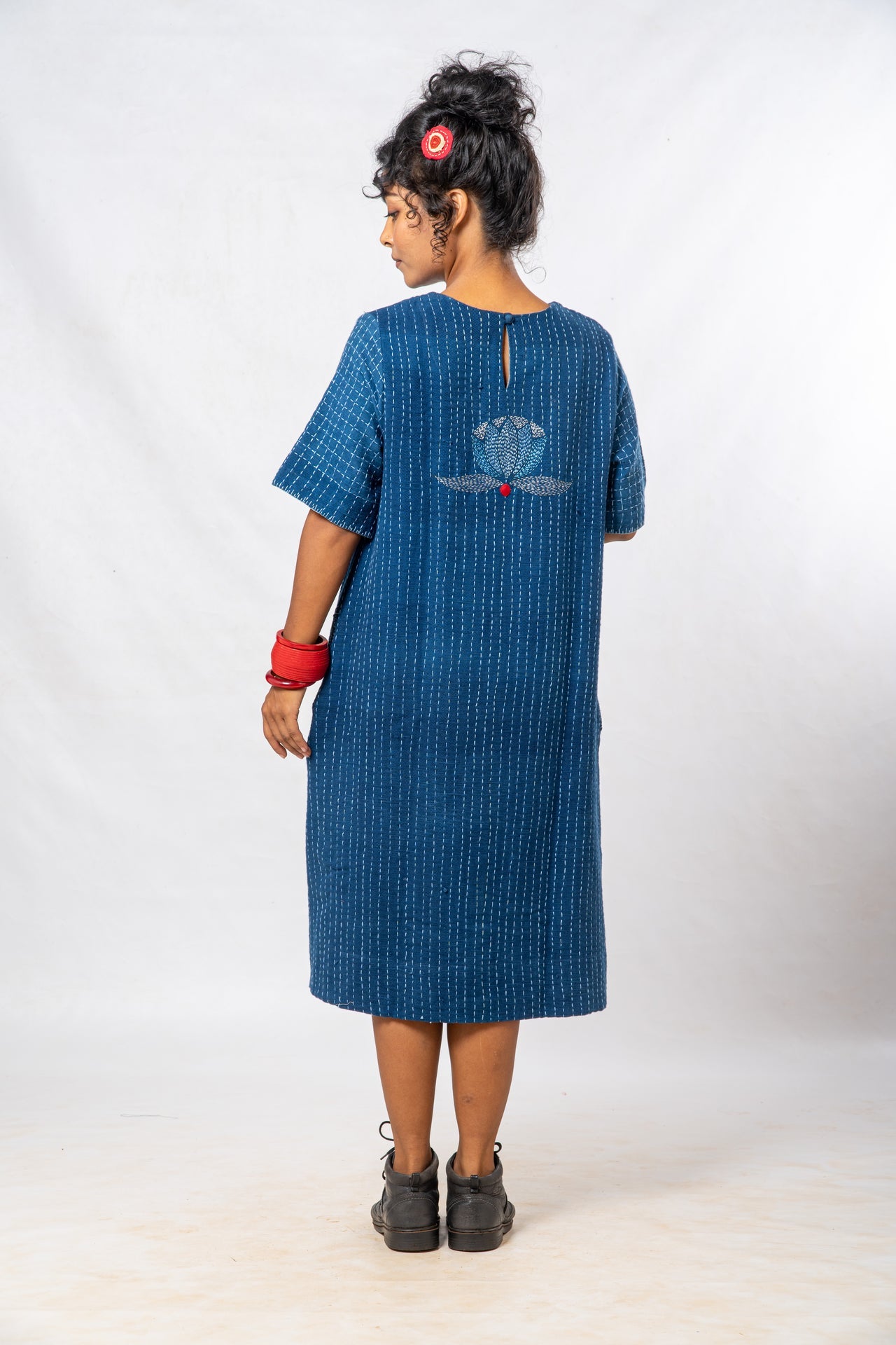 Indigo Parina Lotus Embroidered Hand Spun Khadi Dress
