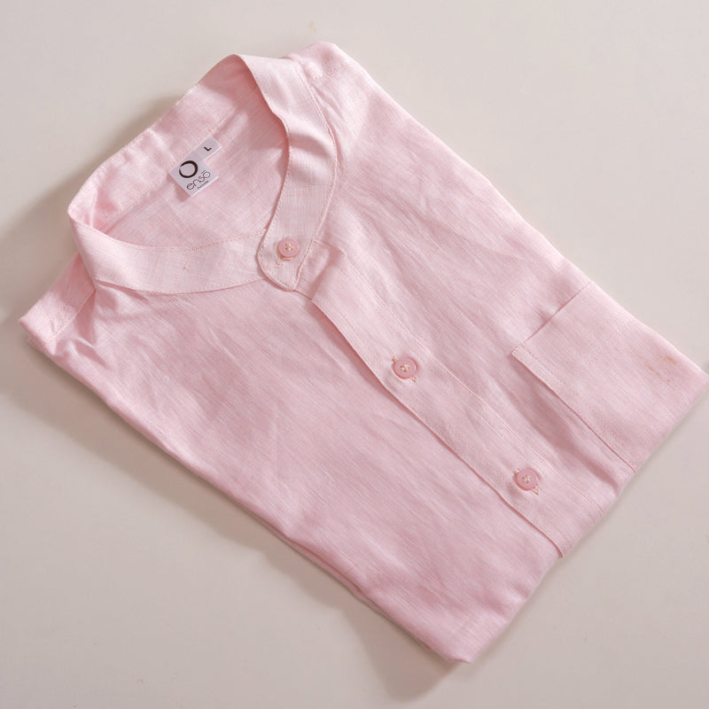 Linen Mandarin Collar Shirt – Soft Pink