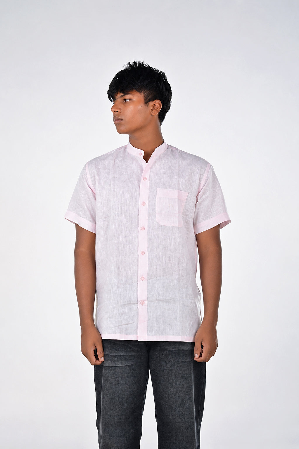 Linen Mandarin Collar Shirt – Soft Pink