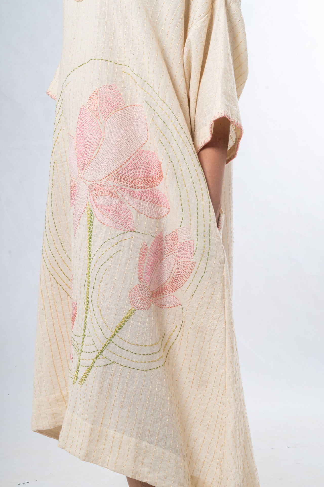Ecru Hand Spun Khadi Lotus Embroidery Dress