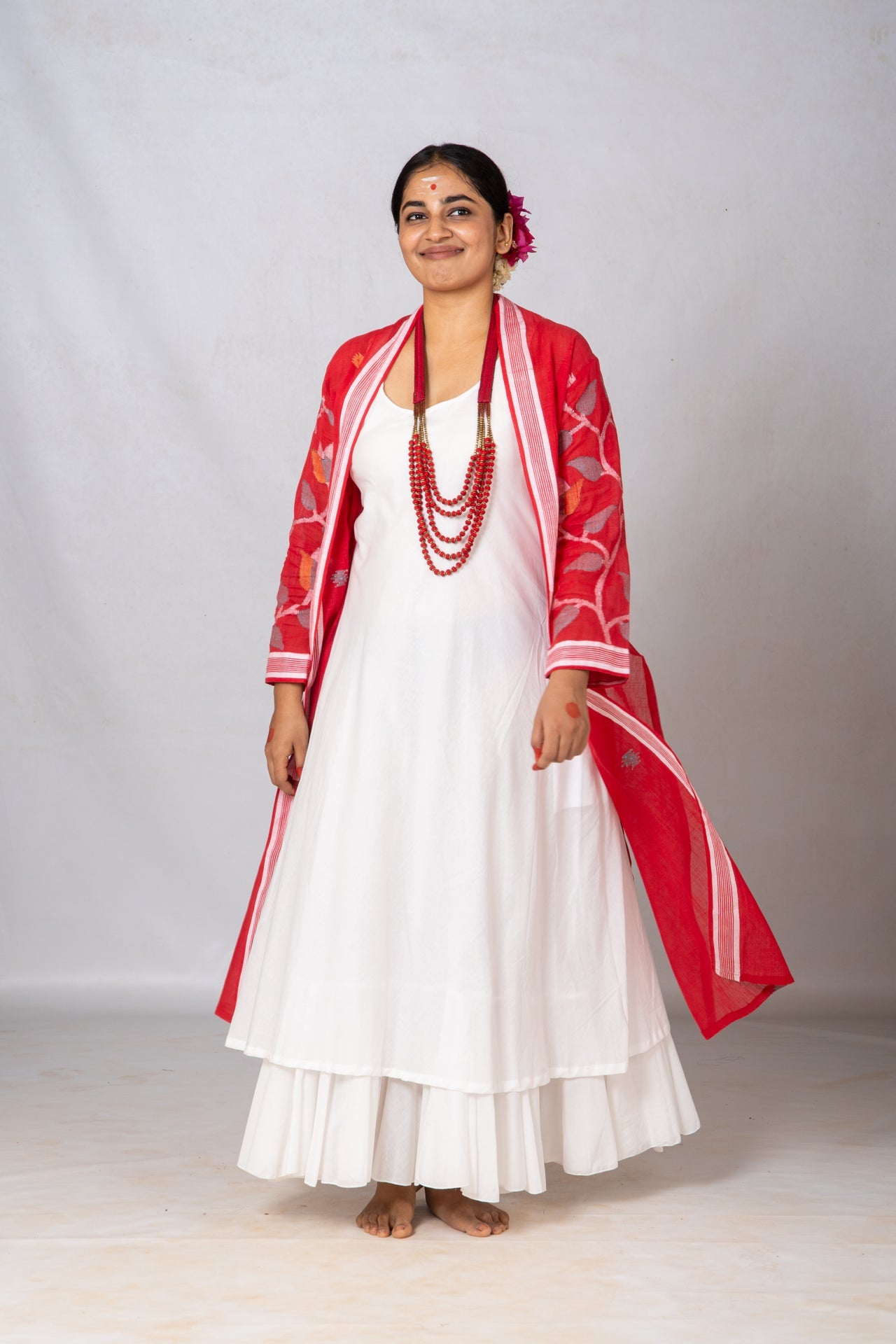 Set of 2-White Organic cotton Dress & Red Jamdani Jacket