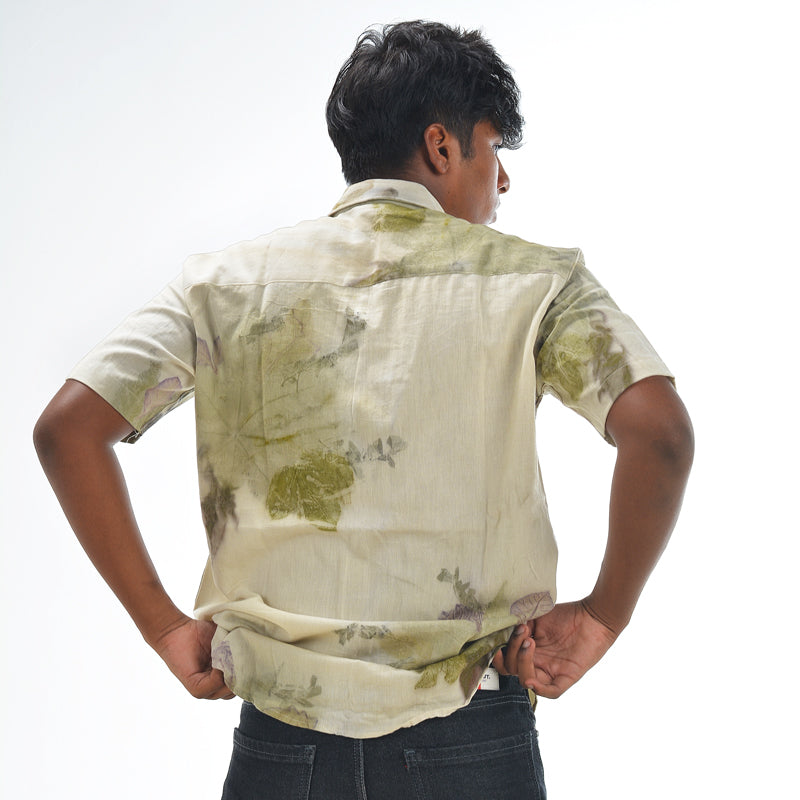 Botanical Printed Cotton Shirt – White with Olive, Mustard, Grey and Beige Tones