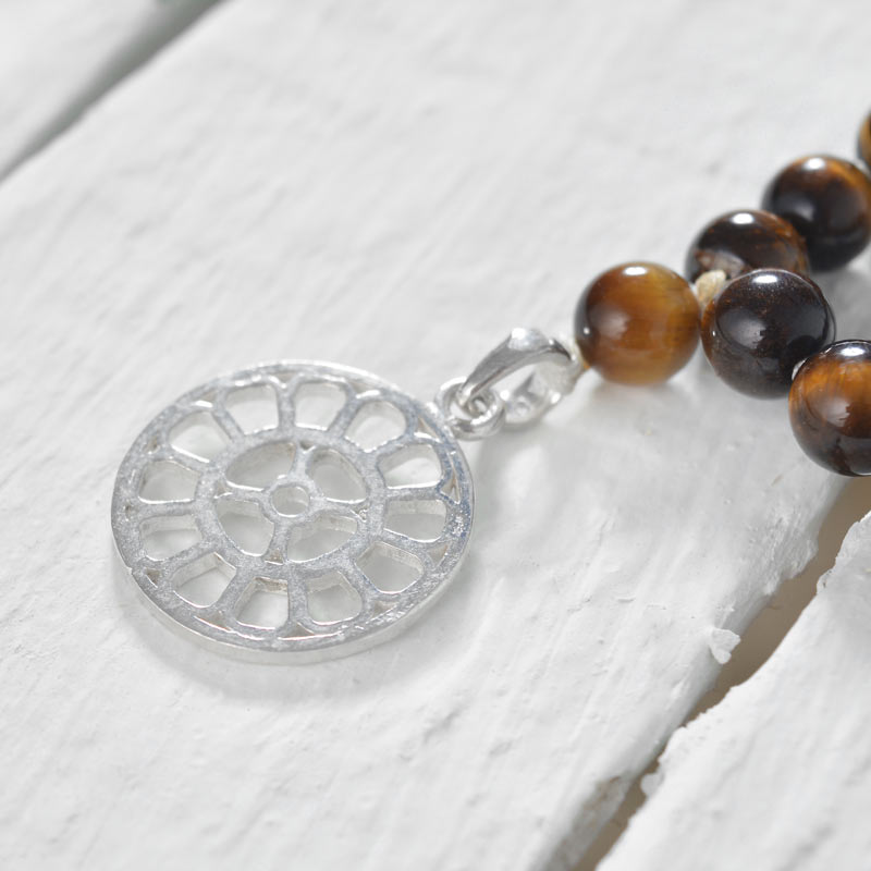 Tiger Eye Mala with Silver Mother's Symbol Pendant