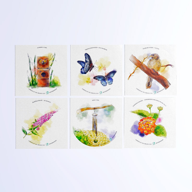 Postcards and stickers : Elements from the Garden of the Unexpected - Matrimandir , Auroville.