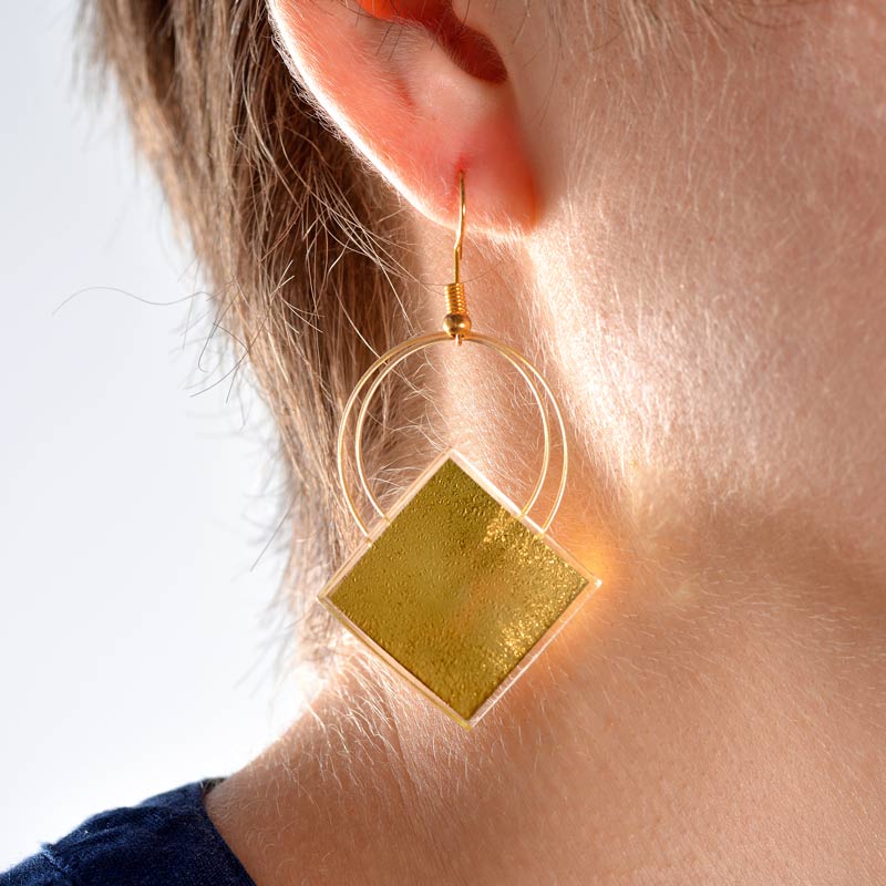 Square Hanging Earrings (Gold-in-Glass)