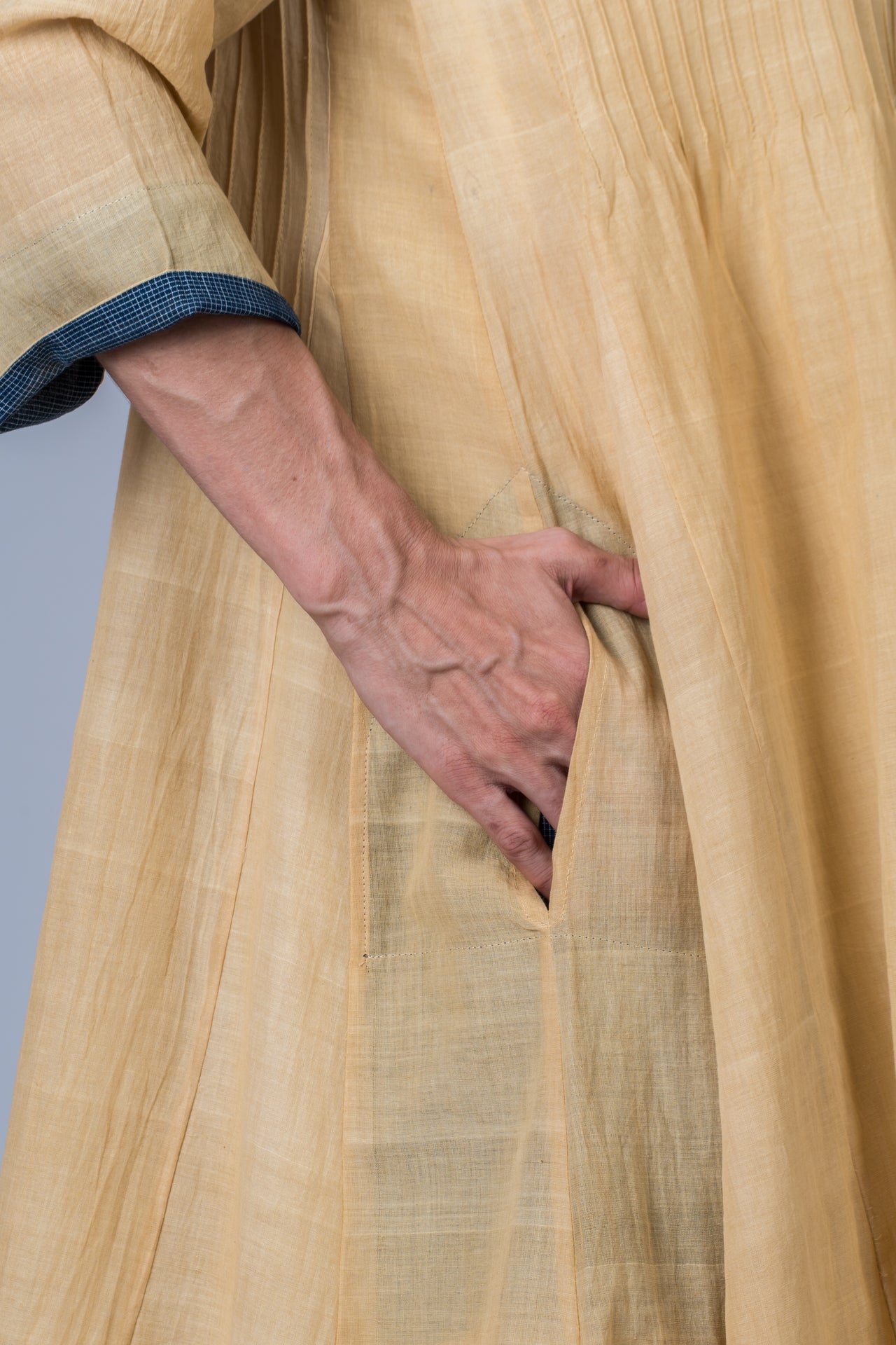 Set of 3- Yellow Medicinal Neem Dyed Hand Spun Cotton Pintuck Dress, Pant & Scarf