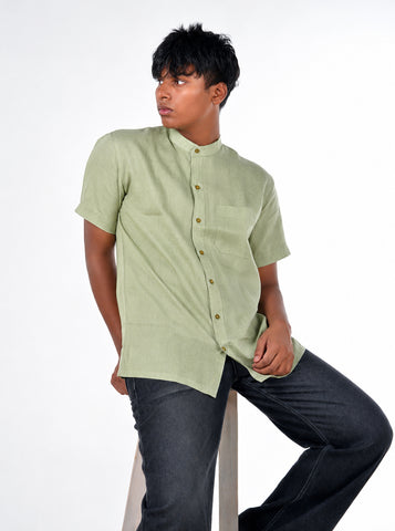 Linen Mandarin Collar Shirt – Sage Green