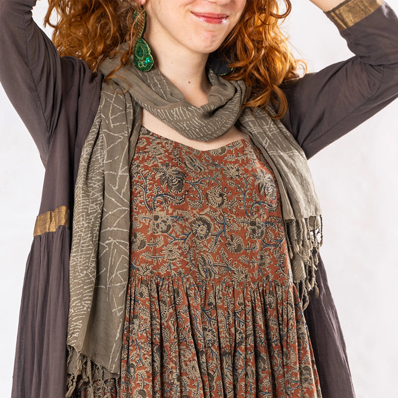 Set of 3: Brown Tulsi Dyed Mul Cotton Jacket, Dress & Scarf