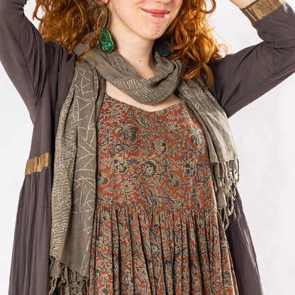 Set of 3: Brown Tulsi Dyed Mul Cotton Jacket, Dress & Scarf