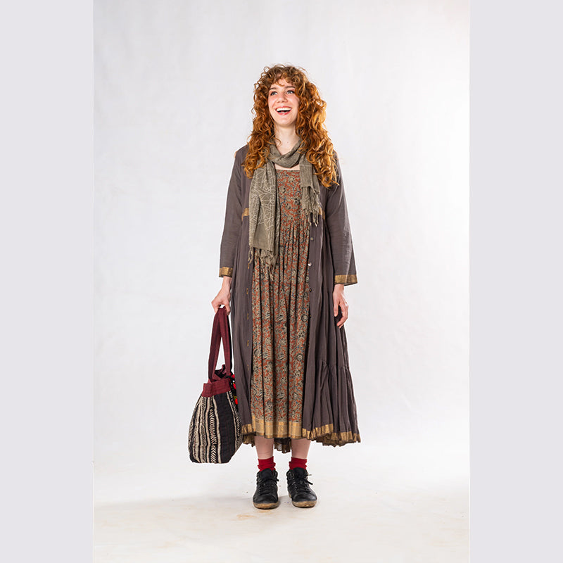 Set of 3: Brown Tulsi Dyed Mul Cotton Jacket, Dress & Scarf