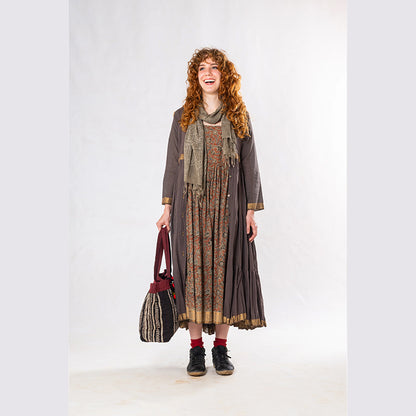 Set of 3: Brown Tulsi Dyed Mul Cotton Jacket, Dress & Scarf