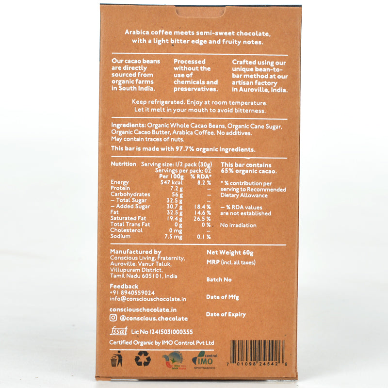65% Espresso Dark Vegan Chocolate Bar  - (Set of 3)