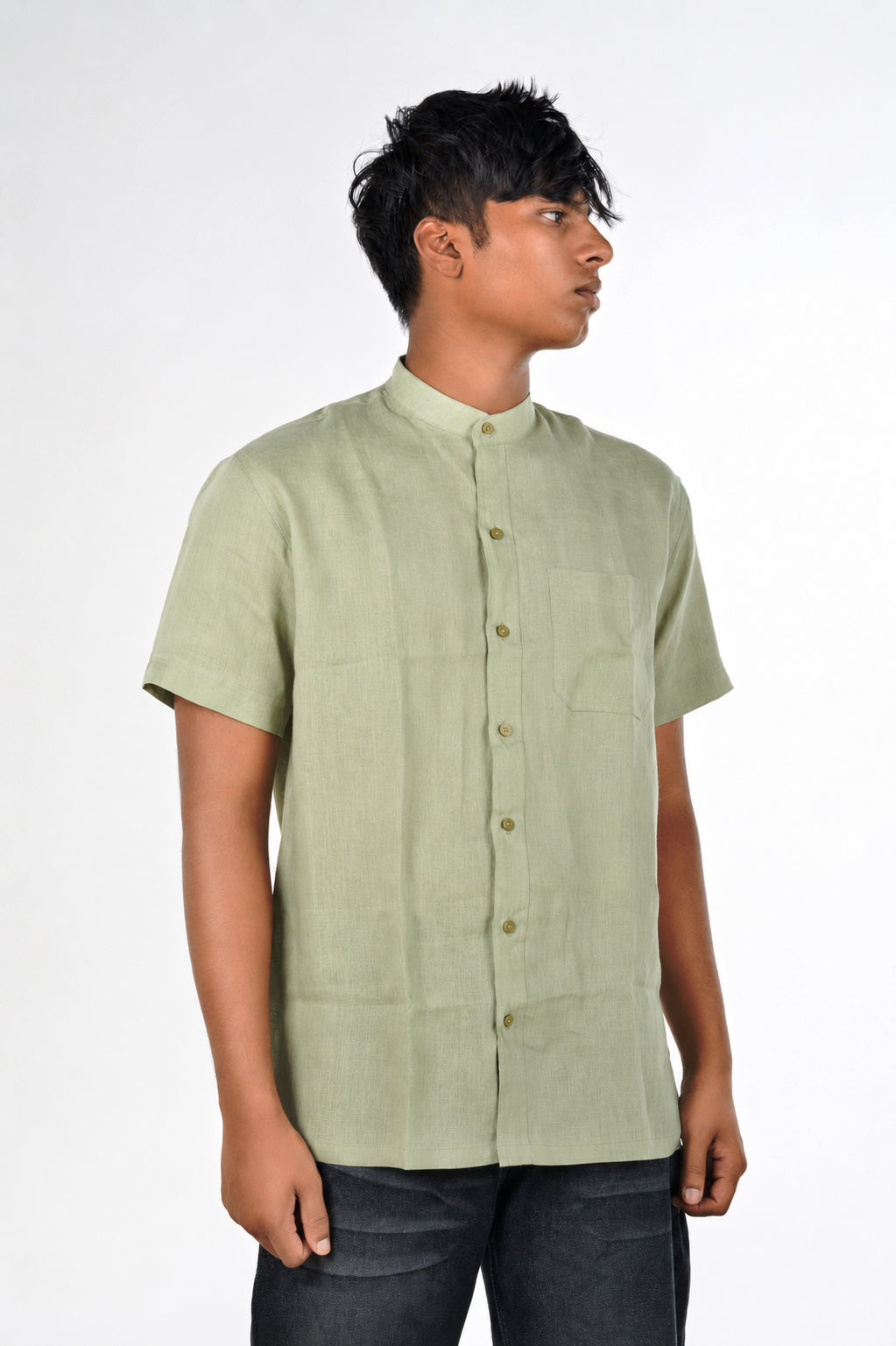 Linen Mandarin Collar Shirt – Sage Green
