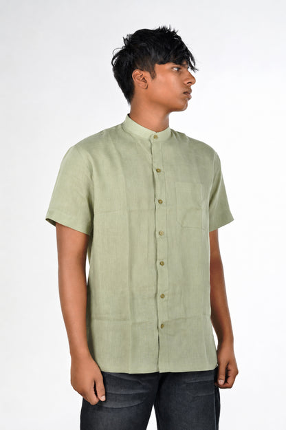 Linen Mandarin Collar Shirt – Sage Green