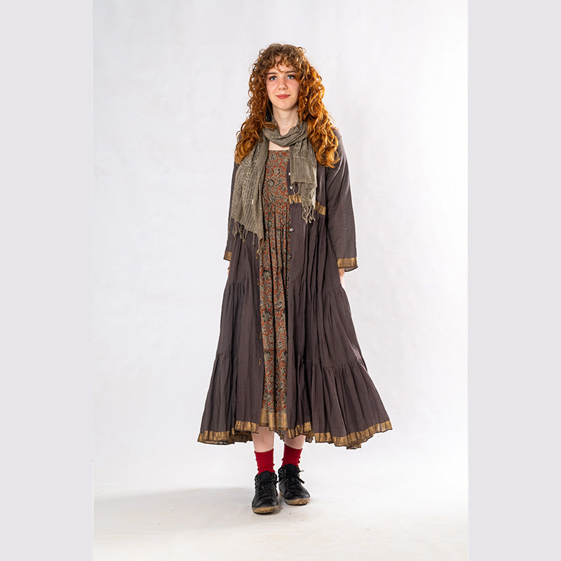 Set of 3: Brown Tulsi Dyed Mul Cotton Jacket, Dress & Scarf