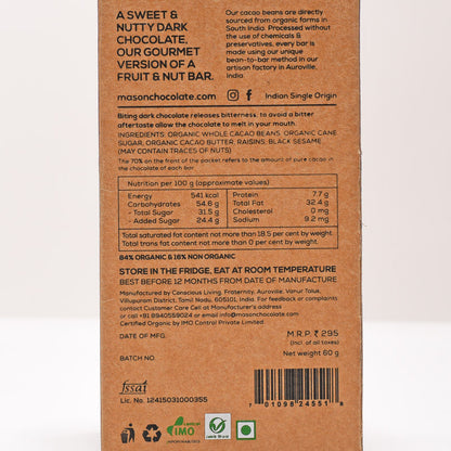 70% Black Sesame & Raisin Dark Vegan Chocolate Bar - (Set of 3)