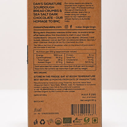 70% Sourdough & Sea Salt Dark Vegan Chocolate Bar - (Set of 3)