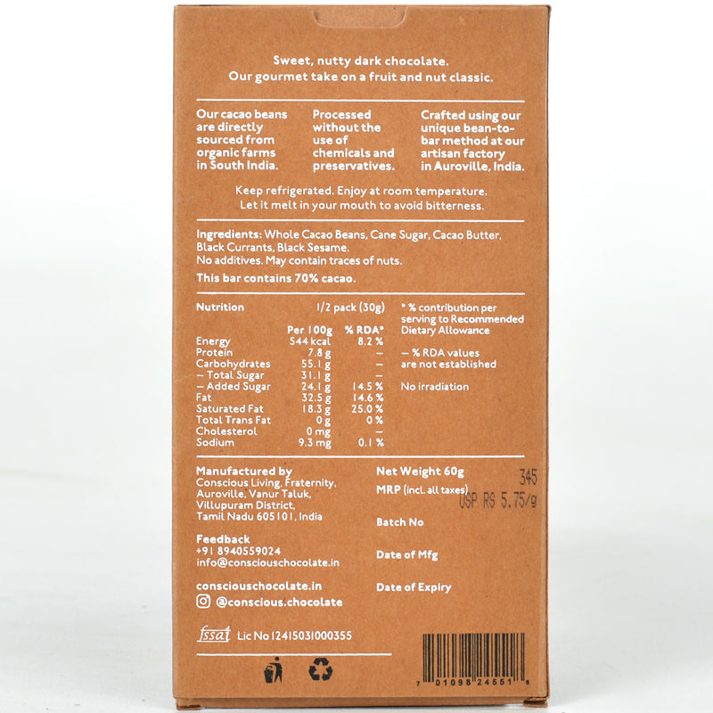 70% Black Sesame & Black Currant Dark Vegan Chocolate Bar - (Set of 3)