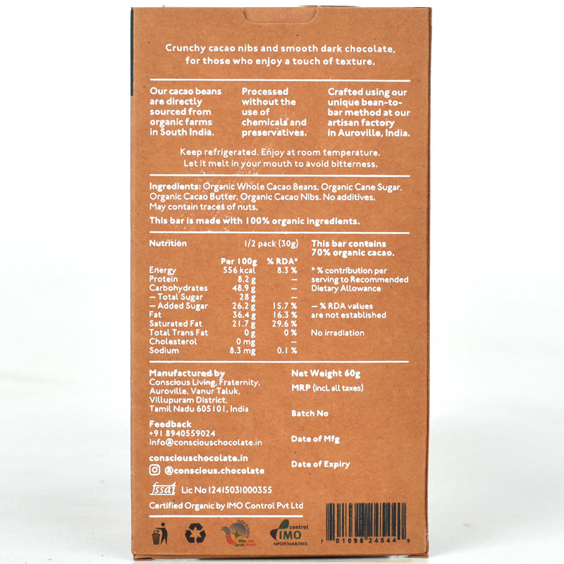 70% Cacao Chip Dark Vegan Chocolate Bar - (Set of 3)