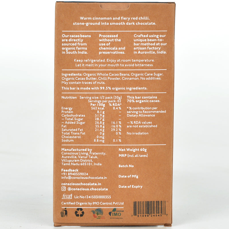 70% Chilli & Cinnamon Dark Vegan Chocolate Bar  - (Set of 3)