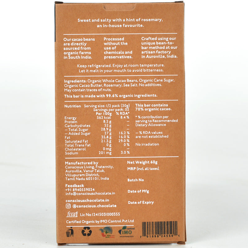 70% Rosemary & Sea Salt Dark Vegan Chocolate Bar - (Set of 3)