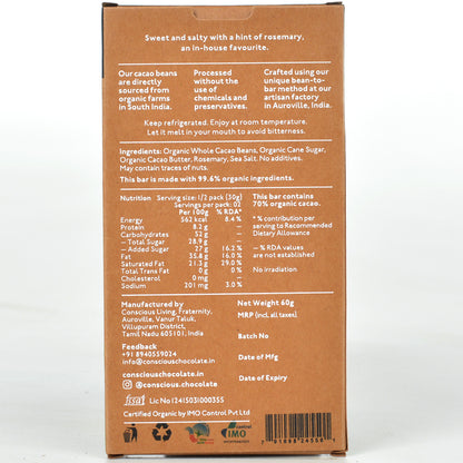 70% Rosemary & Sea Salt Dark Vegan Chocolate Bar - (Set of 3)