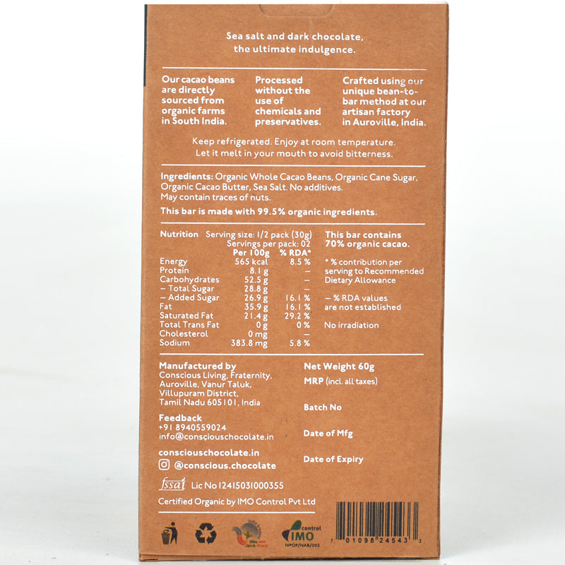 70% Sea Salt Dark Vegan Chocolate Bar - (Set of 3)