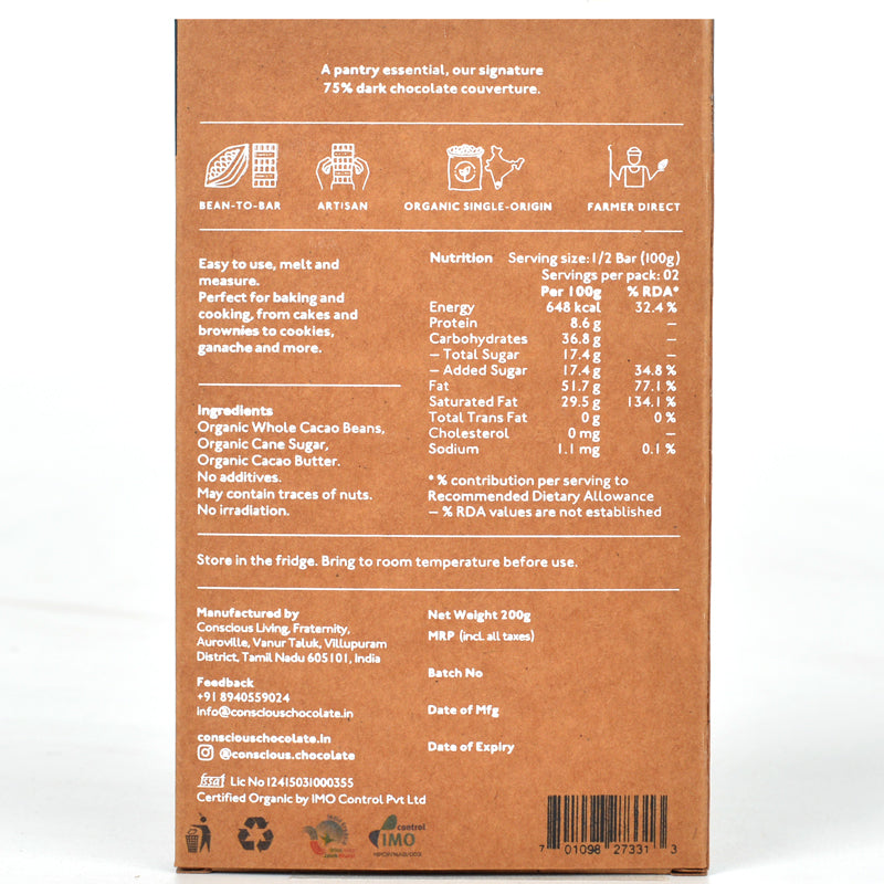 75% Couverture Dark Vegan Baking Chocolate