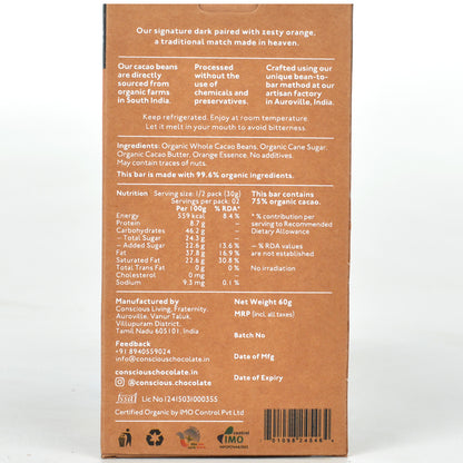 75% Zesty Orange Dark Vegan Chocolate Bar - (Set of 3)