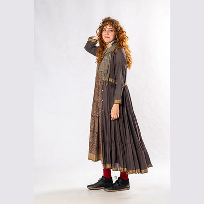 Set of 3: Brown Tulsi Dyed Mul Cotton Jacket, Dress & Scarf