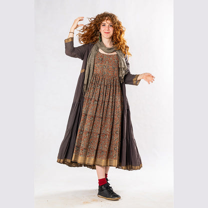 Set of 3: Brown Tulsi Dyed Mul Cotton Jacket, Dress & Scarf