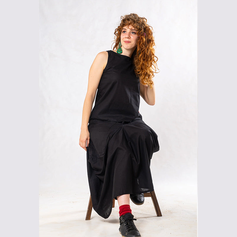 Set of 2: Black Linen Top & Pocket Skirt