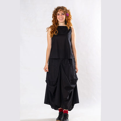 Set of 2: Black Linen Top & Pocket Skirt