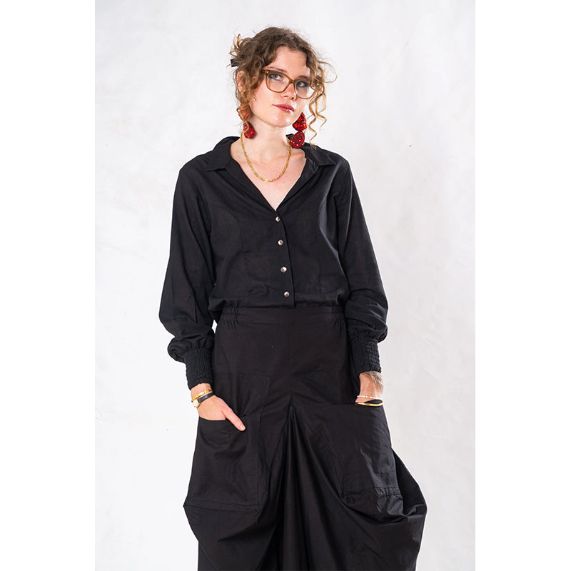 Set of 2: Black Linen Poet Shirt & Pocket Skirt