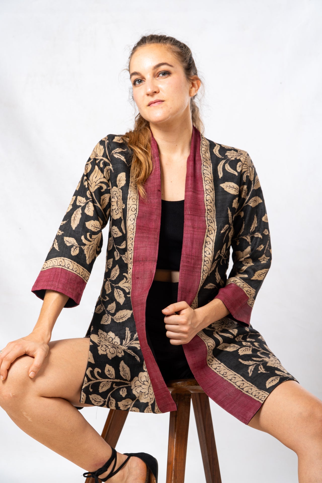 Black Floral Hand Painted Kalamkari Tussar Silk Short Jacket