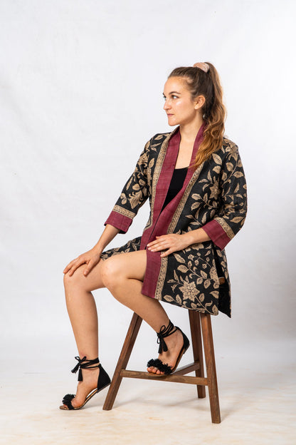 Black Floral Hand Painted Kalamkari Tussar Silk Short Jacket