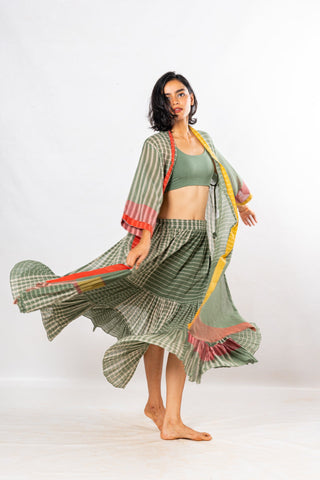 Set of 3- Bloom Green Crinkled Cotton Skirt Set