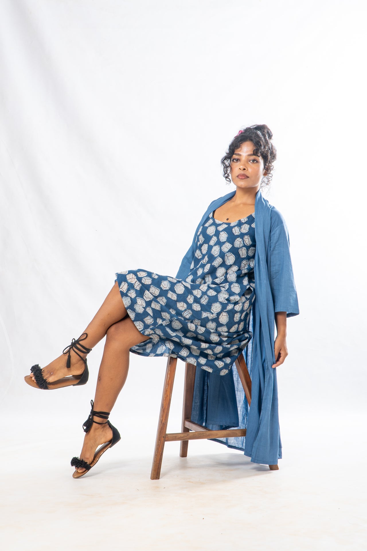 Set of 2- Blue Natural Dyed Hand Block Printed Organic Cotton Jacket & Dress